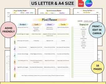 Può includere: Un planner di pasti stampabile con un layout a griglia verde e bianca. Il planner include sezioni per colazione, pranzo, cena e spuntini. Include anche una lista della spesa e un planner per occasioni speciali. Il planner è etichettato come "ADHD Friendly" e "Ultimate Meal Planner".