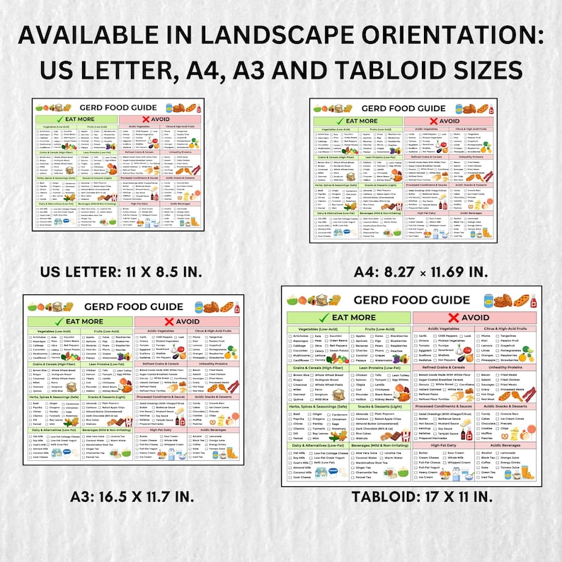 Printable GERD Food Guide chart with foods to eat and avoid for acid reflux management. Easy-to-read food list in multiple sizes . Perfect for those managing GERD or acid reflux, offering helpful meal planning tips and dietary guidance
