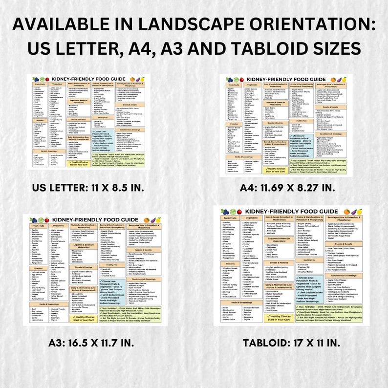 Kidney-Friendly Grocery List printable shopping guide in landscape format, featuring a categorized list of low-potassium, low-phosphorus, and low-sodium foods with checkboxes for easy meal planning. Available as a digital PDF download in multiple sizes