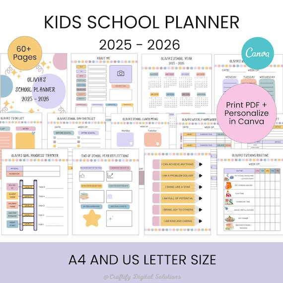 Kids School Planner 2025-2026: Canva Editable (Digital Download)