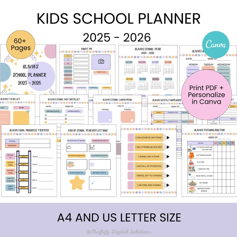 Personalized Kids School Planner with daily routine, homework tracker, chore chart, and goal-setting pages; Canva editable and printable in US Letter size.