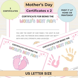 Certificado de Dia das Mães para impressão com opção de impressão manual – 2 páginas, carta dos EUA em PDF – Presente de lembrança para a mãe do bebê ou da criança