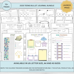 Bullet Journal para adolescentes 2025 / Diario prediseñado / Más de 70 páginas imprimibles / Afirmaciones, rastreadores, planificadores y calendarios / Tamaños carta de EE. UU., A4 y A5