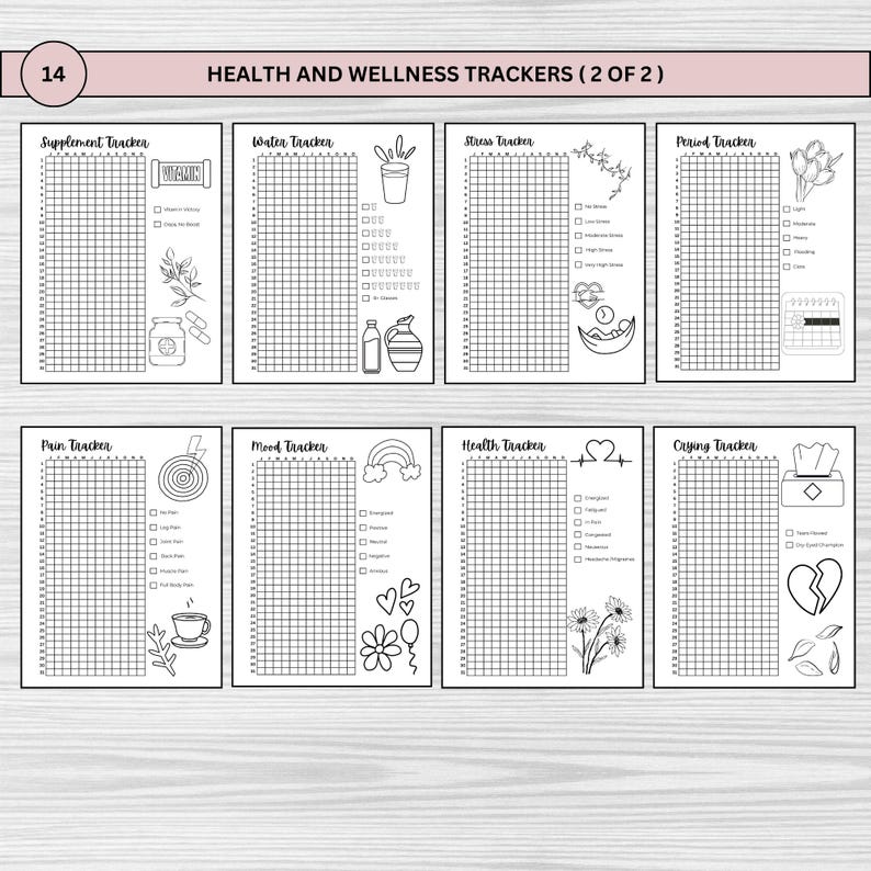 Printable pixel tracker bullet journal in US Letter, A4, and A5 sizes for daily tracking and wellness. Features 25 pages with unique trackers for savings, fitness, sleep, mood, and more. Digital download for habit, self-care, & productivity goals