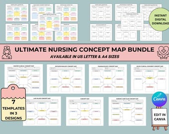 Nursing Concept Map Bundle, RN Study Templates, NCLEX Prep (Digital Download)