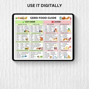 Printable GERD Food Guide chart with foods to eat and avoid for acid reflux management. Easy-to-read food list in multiple sizes . Perfect for those managing GERD or acid reflux, offering helpful meal planning tips and dietary guidance