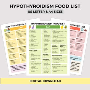 Puede incluir: Descarga digital de una lista de alimentos para el hipotiroidismo, disponible en tamaños US Letter y A4. La lista clasifica los alimentos en secciones como verduras, frutas, proteínas y snacks, con un enfoque en las pautas dietéticas.