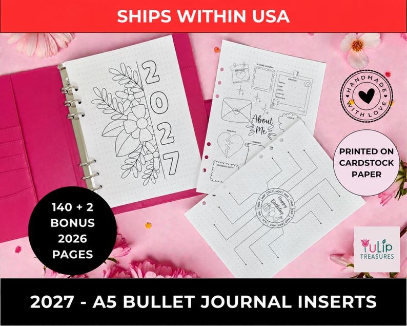 140-Page 2026 A5 Bullet Journal Insert Set Printed On 170 GSM Thick Paper. Pre-Punched For A5 Binders. Includes Yearly Trackers, Monthly Pages, Fun Pages, Reading Logs, And Blank Sheets. Ships Within USA.