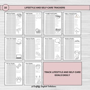 Printable pixel tracker bullet journal in US Letter, A4, and A5 sizes for daily tracking and wellness. Features 25 pages with unique trackers for savings, fitness, sleep, mood, and more. Digital download for habit, self-care, & productivity goals