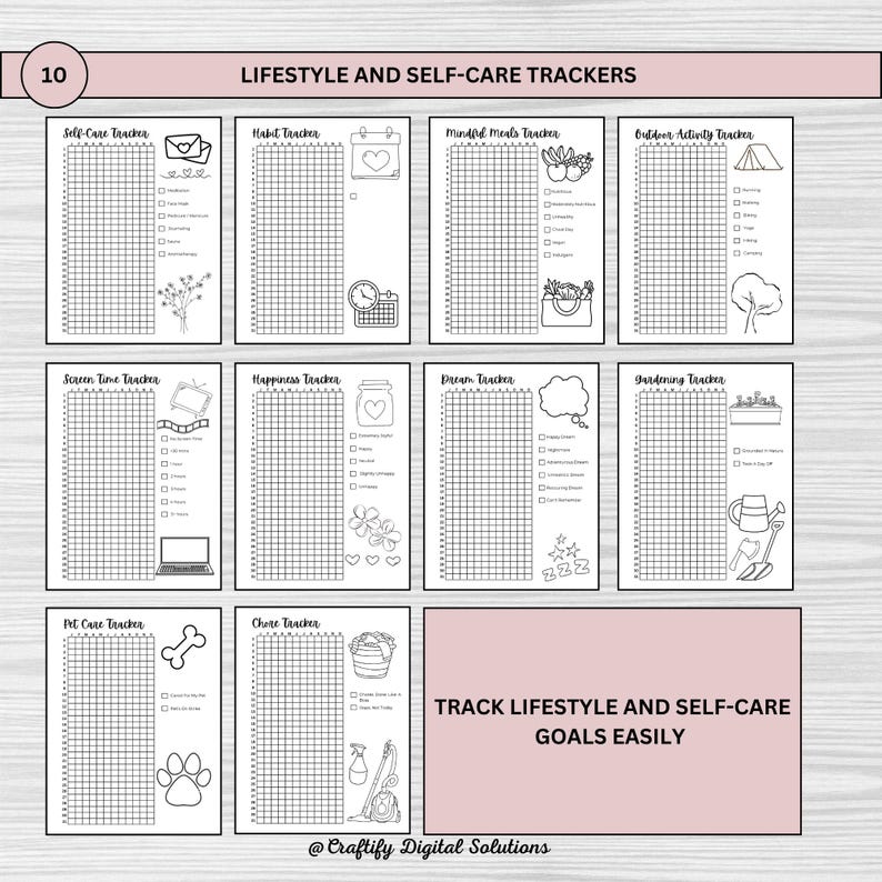 Printable pixel tracker bullet journal in US Letter, A4, and A5 sizes for daily tracking and wellness. Features 25 pages with unique trackers for savings, fitness, sleep, mood, and more. Digital download for habit, self-care, & productivity goals