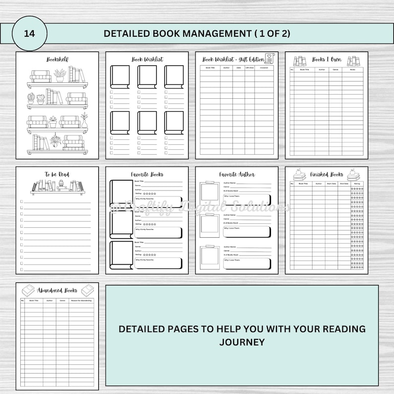 Digital Reading Journal featuring editable trackers, book challenges, mood and statistics trackers, book reviews, and more. Perfect for tracking your reading progress and organizing your books. Printable PDF format, easy to customize and use