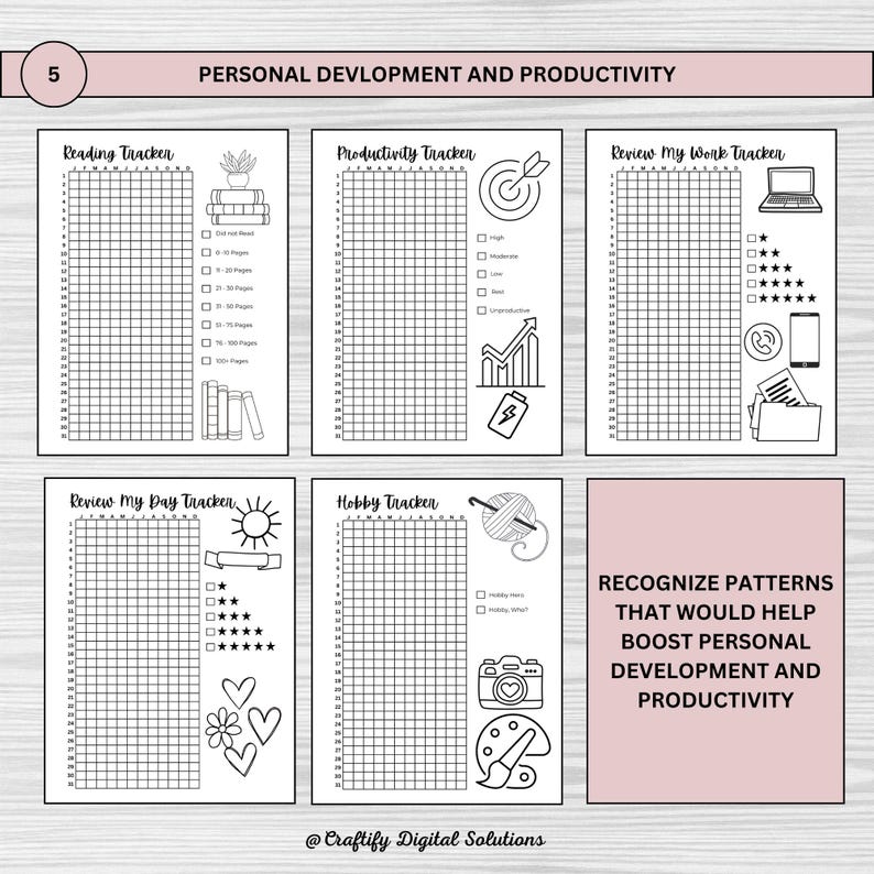 Printable pixel tracker bullet journal in US Letter, A4, and A5 sizes for daily tracking and wellness. Features 25 pages with unique trackers for savings, fitness, sleep, mood, and more. Digital download for habit, self-care, & productivity goals