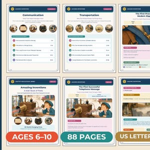 Op de afbeelding: Een verzameling educatieve pagina's getiteld Amazing Inventions, met geïllustreerde historische inhoud over communicatie, transport en de eerste rits. De lay-out bevat tekst, cirkelvormige afbeeldingen en diagrammen over uitvindingen zoals de telefoon, met leeftijdsadviezen en paginatellingen.