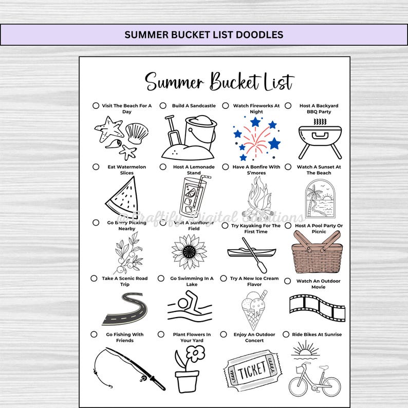 Bullet Journal 2025 Seasonal Bucket List Printables with Doodles for Spring, Summer, Fall, and Winter in A4, A5, and US Letter Sizes