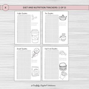 Printable pixel tracker bullet journal in US Letter, A4, and A5 sizes for daily tracking and wellness. Features 25 pages with unique trackers for savings, fitness, sleep, mood, and more. Digital download for habit, self-care, & productivity goals