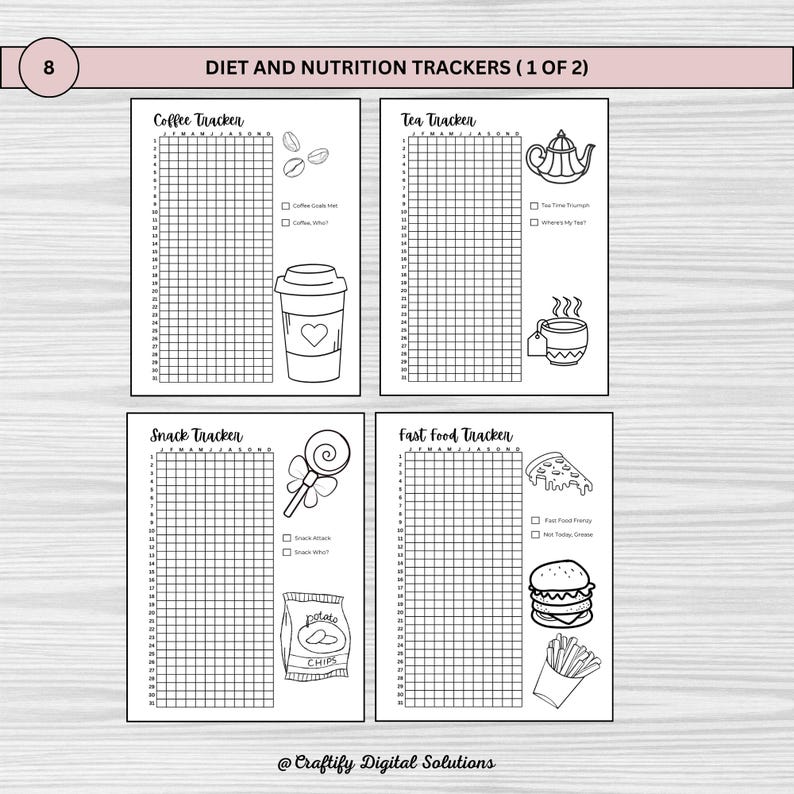 Printable pixel tracker bullet journal in US Letter, A4, and A5 sizes for daily tracking and wellness. Features 25 pages with unique trackers for savings, fitness, sleep, mood, and more. Digital download for habit, self-care, & productivity goals