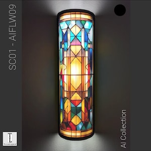 May include: A cylindrical wall sconce with a stained glass design. The sconce features a colorful geometric pattern with shades of blue, yellow, red, and green. The text "SC01 - AIFLW09" and "AI Collection" are visible. The brand logo "TriceLights" is also visible.