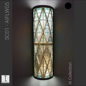 May include: A vertical wall light with a geometric pattern. The light has diamond-shaped glass panels in green and gold, framed by a dark border. The text "SC01 - AIFLW05" is visible on the left side. The light is part of the AI Collection.
