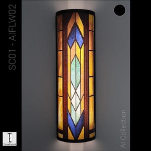 May include: A cylindrical wall sconce with a stained glass design. The sconce features a geometric pattern with shades of brown, yellow, blue, and green. The text "SC01 - AIFLW02" is printed vertically on the left side.