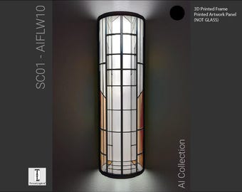 Könnte beinhalten: Eine vertikale Wandleuchte mit einem 3D-gedruckten Rahmen und einer bedruckten Grafikplatte, kein Glas. Das Design zeigt ein geometrisches Gittermuster mit weißen, bernsteinfarbenen und schwarzen Akzenten. Text: SC01 - AIFLW10, AI Collection, TriceLights.