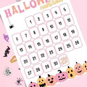 Może przedstawiać: Różowy i pomarańczowy kalendarz odliczania do Halloween z numerami 1-30 w polach. Słowo "HALLOWEEN" znajduje się na górze, a fraza "Trick or Treat" jest napisana na kalendarzu. Słowa "INSTANT DOWNLOAD!" znajdują się na dole.