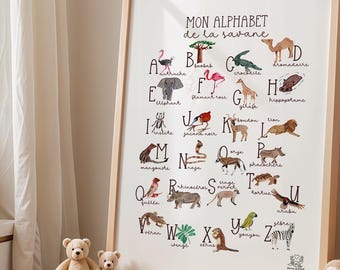 Savannah alphabet poster A4/A3, watercolor alphabet, wall decoration, children's room decoration, children's illustration