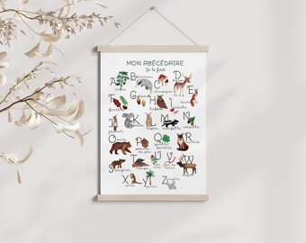 Póster del alfabeto del bosque A4/A3, alfabeto de acuarela, decoración de pared, decoración de habitación infantil, ilustración infantil
