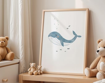 Whale illustration poster A4/A5, watercolor print, wall decoration, children&#39;s room decoration, children&#39;s illustration