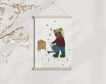 Art print illustration child beekeeper bear A5/A4, wall decoration poster, children&#39;s room decoration, children&#39;s illustration