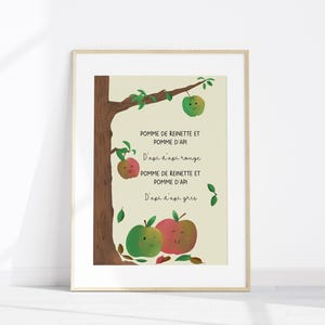 Affiche comptine enfant, pomme de reinette et pomme d'api, décoration murale, décoration chambre d'enfant, illustration enfant