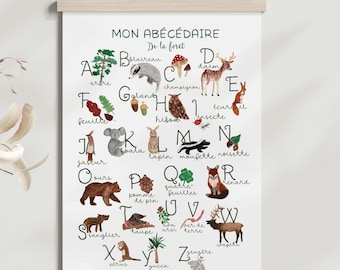 Forest alphabet poster A4/A3, watercolor alphabet, wall decoration, children's room decoration, children's illustration