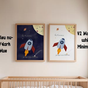 Kinder-Illustration-Druck, Rakete Weltraum A5/A4/A3, Wanddekoration bis zu den Sternen, Kinderzimmer-Dekoration, Kinderposter