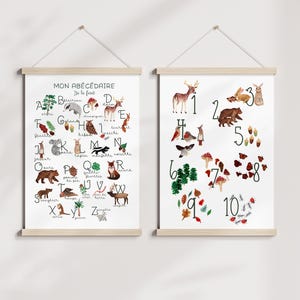 Lote de 2 carteles - Bosque ABC y números A4/A3, acuarela, decoración de pared, decoración habitación infantil, ilustración infantil