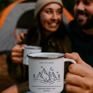 Cozy Camping Enamel Mug, Adventure Lovers Personalised Mug, Unique Outdoor Camping Gift, Personalised Adventure Mug, Personalised Enamel Mug