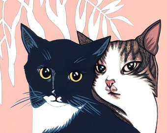 May include: Two cats, one black and white with yellow eyes, and one tabby with white markings and brown eyes, are nestled together against a pink background with a white leafy design.