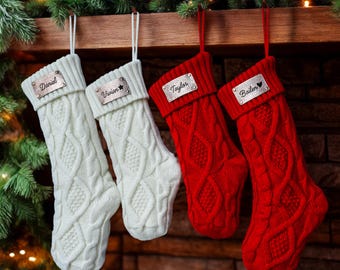 Personalized Knit Christmas Stockings Leather Patch Holiday Decor Family Knit Stocking Set
