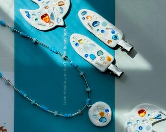 Crystal & Shell Inlay Hair Clip: Handmade Polymer Clay Accessory