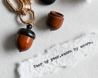 Wooden Acorn Keychain with Custom Typewriter Message, Personalized Bag Charm Accessory