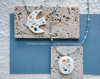 Handmade Polymer Clay Necklace: Crystal & Shell Inlay - Boho Bridal Gift