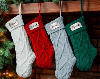 Engraved Leather Patch Christmas Stockings Personalized Holiday Decor Family Knit Stocking Set