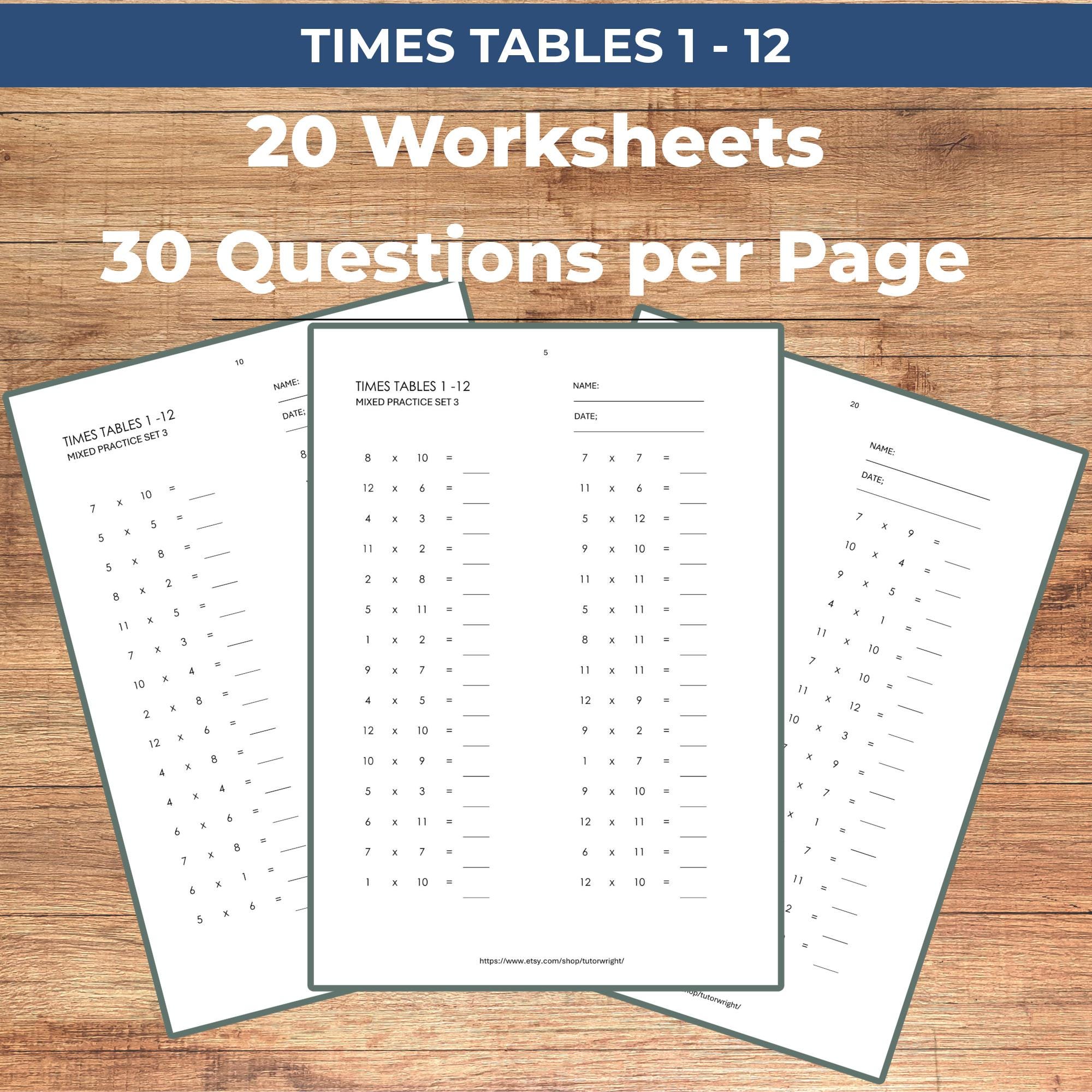 20 Printable Times Tables Worksheets, Mixed Tables 1 – 12, Answer Key ...