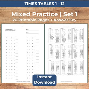 Peut inclure: Feuille d'exercices imprimable sur les tables de multiplication avec des problèmes mixtes et une clé de réponses. Le texte indique "Tables de multiplication 1-12" et "Mixed Practice | Set 1". Avec un bouton "Téléchargement instantané".