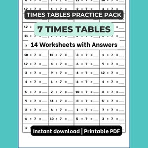 May include: A printable math worksheet page titled TIMES TABLES PRACTICE PACK and 7 TIMES TABLES, featuring 14 Worksheets with Answers. The grid contains multiplication problems for the number 7, with blank lines for answers. Includes Instant download | Printable PDF.