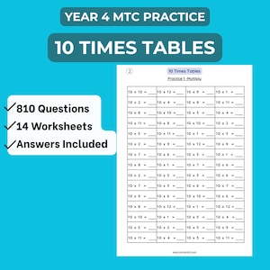 10 Times Tables Practice Pack | Year 4 Maths | Multiplication Tables Check (MTC) Prep |  810 Questions | KS2 Fluency Worksheets PDF