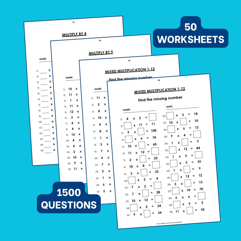 Stack Multiplying Worksheets 50 Printable Multiplication Worksheets, 1500 Questions, Instant ...