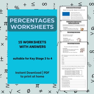 Może przedstawiać: Turkusowy arkusz roboczy zatytułowany "Percentages Worksheets" z tekstem "15 Worksheets with Answers" i "suitable for Key Stage 3 to 4." Obraz zawiera również przykłady obliczeń procentowych.
