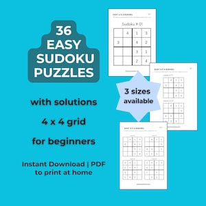 May include: A teal graphic with the text "36 EASY SUDOKU PUZZLES" and "4 x 4 grid for beginners." Three Sudoku puzzles are displayed. The text "Instant Download | PDF to print at home" is also visible. The text "3 sizes available" is also visible.