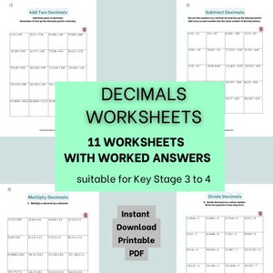 Decimals Worksheets, Order, Compare, Add, Subtract, Multiply, Divide, 200+ questions, worked answers, KS3 to KS4, PDF, A4, instant download