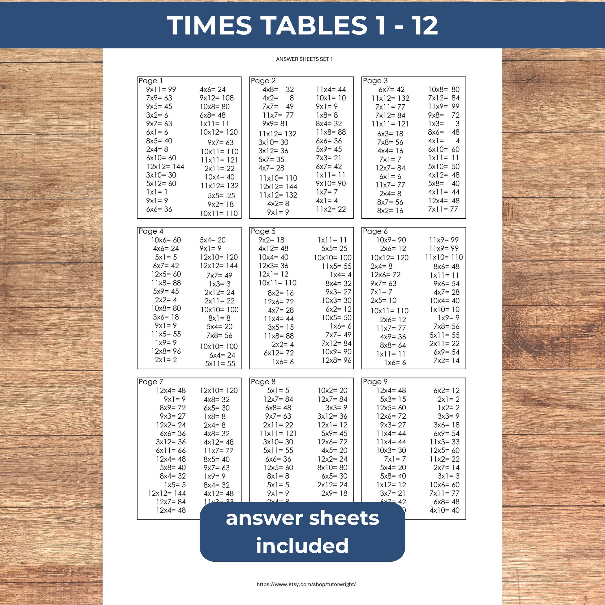 Times Tables Bundle, 100 Printable Worksheets, Sets 1 to 5, Answers ...