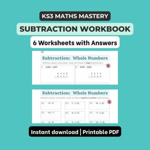 Può includere: Un quaderno di esercizi di sottrazione KS3 Maths Mastery con 6 fogli di lavoro e risposte. Il documento include problemi matematici su numeri interi e negativi, con istruzioni chiare in formato PDF stampabile.